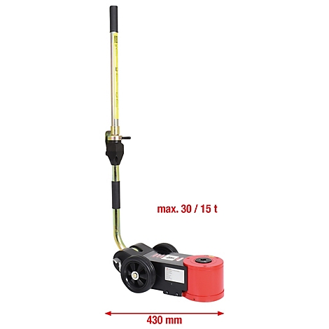 Ein roter hydraulischer Wagenheber mit schwarzem Fahrwerk und Griff, Aufschrift max. 30/15 t, 430 mm.